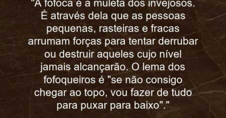 “A fofoca é a muleta dos invejosos. É através dela que as pessoas pequenas, rasteiras e fracas arrumam forças para tentar derrubar ou destruir aqueles cujo nível jamais alcançarão. O lema dos fofoqueiros é “se não consigo chegar ao topo, vou fazer de tudo para puxar para baixo”.”
