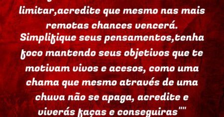 “A grande arte estar em não se limitar,acredite que mesmo nas mais remotas chances vencerá. Simplifique seus pensamentos,tenha foco mantendo seus objetivos que te motivam vivos e acesos, como uma chama que mesmo através de uma chuva não se apaga, acredite e viverás faças e conseguiras””