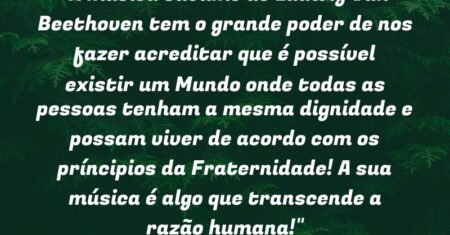 “A música sublime de Ludwig Van Beethoven tem o grande poder de nos fazer acreditar que é possível existir um Mundo onde todas as pessoas tenham a mesma dignidade e possam viver de acordo com os príncipios da Fraternidade! A sua música é algo que transcende a razão humana!”