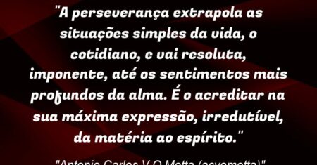 “A perseverança extrapola as situações simples da vida, o cotidiano, e vai resoluta, imponente, até os sentimentos mais profundos da alma. É o acreditar na sua máxima expressão, irredutível, da matéria ao espírito.”