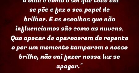 “A vida é como o sol que todo dia se põe e faz o seu papel de brilhar. E as escolhas que não influenciamos são como as nuvens. Que apesar de aparecerem de repente e por um momento tamparem o nosso brilho, não vai fazer nossa luz se apagar.”