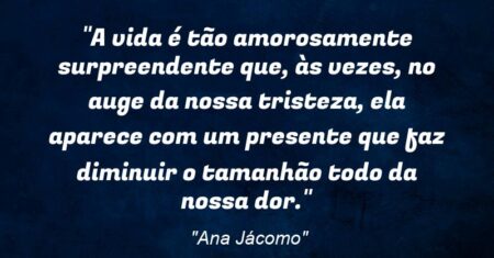 “A vida é tão amorosamente surpreendente que, às vezes, no auge da nossa tristeza, ela aparece com um presente que faz diminuir o tamanhão todo da nossa dor.”