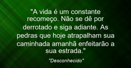 “A vida é um constante recomeço. Não se dê por derrotado e siga adiante. As pedras que hoje atrapalham sua caminhada amanhã enfeitarão a sua estrada.”