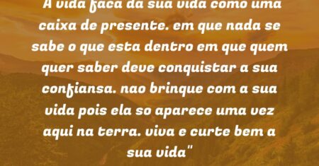 “A vida: faca da sua vida como uma caixa de presente. em que nada se sabe o que esta dentro em que quem quer saber deve conquistar a sua confiansa. nao brinque com a sua vida pois ela so aparece uma vez aqui na terra. viva e curte bem a sua vida”