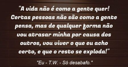 “A vida não é como a gente quer! Certas pessoas não são como a gente pensa, mas de qualquer forma não vou atrasar minha por causa dos outros, vou viver o que eu acho certo, e que o resto se exploda!”