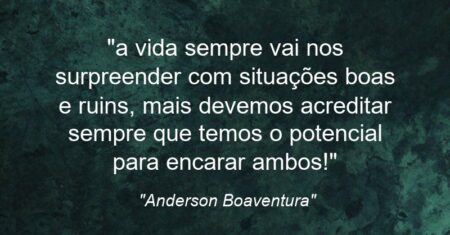“a vida sempre vai nos surpreender com situações boas e ruins, mais devemos acreditar sempre que temos o potencial para encarar ambos!”