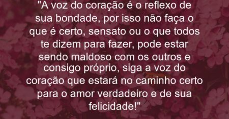 “A voz do coração é o reflexo de sua bondade, por isso não faça o que é certo, sensato ou o que todos te dizem para fazer, pode estar sendo maldoso com os outros e consigo próprio, siga a voz do coração que estará no caminho certo para o amor verdadeiro e de sua felicidade!”