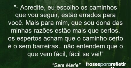 “- Acredite, eu escolho os caminhos que vou seguir, estão errados para você. Mais para mim, que sou dona das minhas razões estão mais que certos, os espertos acham que o caminho certo é o sem barreiras.. não entendem que o que vem fácil, fácil se vai!”