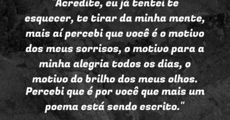 “Acredite, eu já tentei te esquecer, te tirar da minha mente, mais aí percebi que você é o motivo dos meus sorrisos, o motivo para a minha alegria todos os dias, o motivo do brilho dos meus olhos. Percebi que é por você que mais um poema está sendo escrito.”