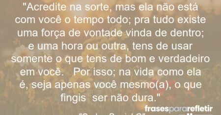 “Acredite na sorte, mas ela não está com você o tempo todo; pra tudo existe uma força de vontade vinda de dentro; e uma hora ou outra, tens de usar somente o que tens de bom e verdadeiro em você. Por isso; na vida como ela é, seja apenas você mesmo(a), o que fingis ser não dura.”
