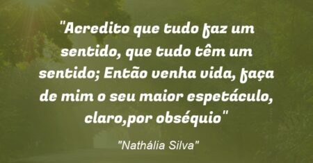 “Acredito que tudo faz um sentido, que tudo têm um sentido; Então venha vida, faça de mim o seu maior espetáculo, claro,por obséquio”