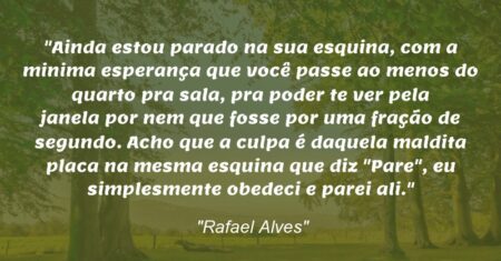 “Ainda estou parado na sua esquina, com a minima esperança que você passe ao menos do quarto pra sala, pra poder te ver pela janela por nem que fosse por uma fração de segundo. Acho que a culpa é daquela maldita placa na mesma esquina que diz “Pare”, eu simplesmente obedeci e parei ali.”