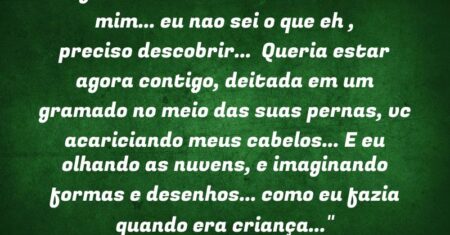 “Alguma coisa ta errada dentro de mim… eu nao sei o que eh , preciso descobrir… Queria estar agora contigo, deitada em um gramado no meio das suas pernas, vc acariciando meus cabelos… E eu olhando as nuvens, e imaginando formas e desenhos… como eu fazia quando era criança…”