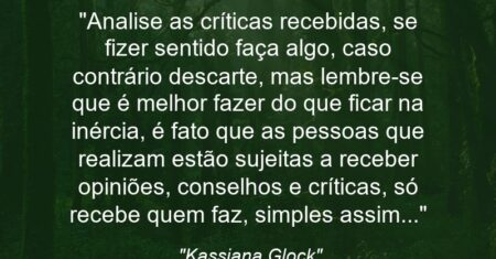 “Analise as críticas recebidas, se fizer sentido faça algo, caso contrário descarte, mas lembre-se que é melhor fazer do que ficar na inércia, é fato que as pessoas que realizam estão sujeitas a receber opiniões, conselhos e críticas, só recebe quem faz, simples assim…”