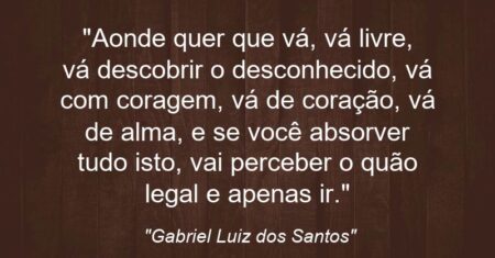 “Aonde quer que vá, vá livre, vá descobrir o desconhecido, vá com coragem, vá de coração, vá de alma, e se você absorver tudo isto, vai perceber o quão legal e apenas ir.”