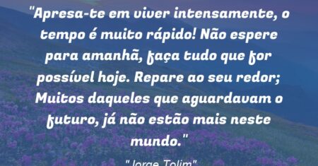 “Apresa-te em viver intensamente, o tempo é muito rápido! Não espere para amanhã, faça tudo que for possível hoje. Repare ao seu redor; Muitos daqueles que aguardavam o futuro, já não estão mais neste mundo.”