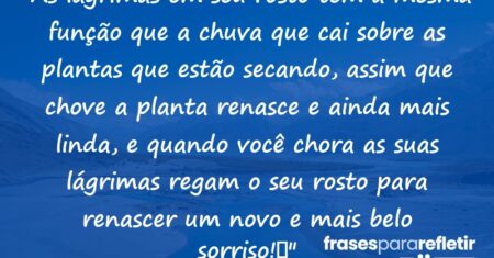 “As lágrimas em seu rosto tem a mesma função que a chuva que cai sobre as plantas que estão secando, assim que chove a planta renasce e ainda mais linda, e quando você chora as suas lágrimas regam o seu rosto para renascer um novo e mais belo sorriso!”