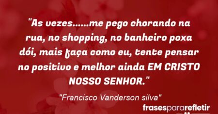 “As vezes……me pego chorando na rua, no shopping, no banheiro poxa dói, mais faça como eu, tente pensar no positivo e melhor ainda EM CRISTO NOSSO SENHOR.”