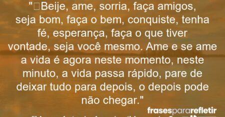 “Beije, ame, sorria, faça amigos, seja bom, faça o bem, conquiste, tenha fé, esperança, faça o que tiver vontade, seja você mesmo. Ame e se ame a vida é agora neste momento, neste minuto, a vida passa rápido, pare de deixar tudo para depois, o depois pode não chegar.”