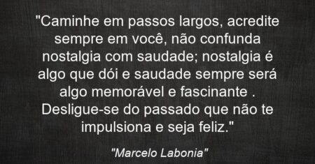 “Caminhe em passos largos, acredite sempre em você, não confunda nostalgia com saudade; nostalgia é algo que dói e saudade sempre será algo memorável e fascinante . Desligue-se do passado que não te impulsiona e seja feliz.”