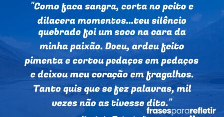 “Como faca sangra, corta no peito e dilacera momentos…teu silêncio quebrado foi um soco na cara da minha paixão. Doeu, ardeu feito pimenta e cortou pedaços em pedaços e deixou meu coração em fragalhos. Tanto quis que se fez palavras, mil vezes não as tivesse dito.”