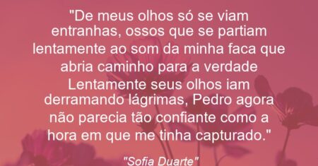 “De meus olhos só se viam entranhas, ossos que se partiam lentamente ao som da minha faca que abria caminho para a verdade… Lentamente seus olhos iam derramando lágrimas, Pedro agora não parecia tão confiante como a hora em que me tinha capturado.”