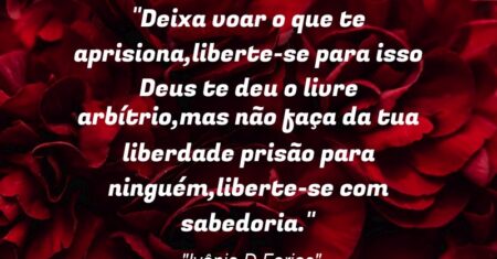 “Deixa voar o que te aprisiona,liberte-se para isso Deus te deu o livre arbítrio,mas não faça da tua liberdade prisão para ninguém,liberte-se com sabedoria.”