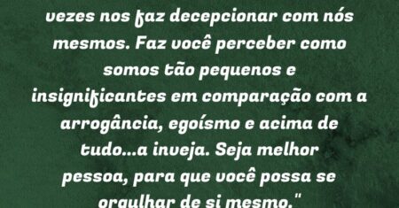 ““Descobrir quem somos, muitas das vezes nos faz decepcionar com nós mesmos. Faz você perceber como somos tão pequenos e insignificantes em comparação com a arrogância, egoísmo e acima de tudo…a inveja. Seja melhor pessoa, para que você possa se orgulhar de si mesmo.””