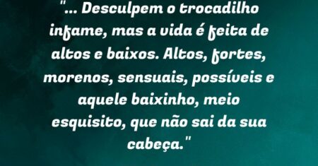 “(…) Desculpem o trocadilho infame, mas a vida é feita de altos e baixos. Altos, fortes, morenos, sensuais, possíveis e aquele baixinho, meio esquisito, que não sai da sua cabeça.”