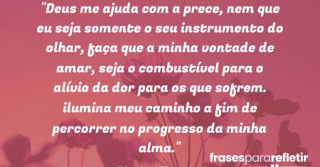 “Deus me ajuda com a prece, nem que eu seja somente o seu instrumento do olhar, faça que a minha vontade de amar, seja o combustível para o alívio da dor para os que sofrem. ilumina meu caminho a fim de percorrer no progresso da minha alma.”