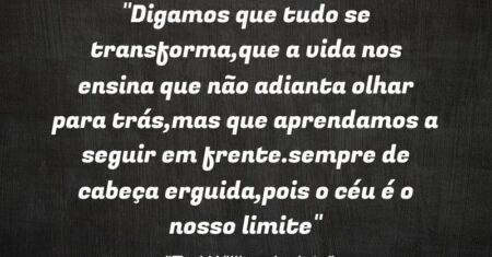 “Digamos que tudo se transforma,que a vida nos ensina que não adianta olhar para trás,mas que aprendamos a seguir em frente.sempre de cabeça erguida,pois o céu é o nosso limite”