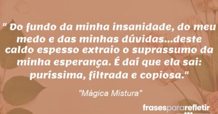 “Do fundo da minha insanidade, do meu medo e das minhas dúvidas…deste caldo espesso extraio o suprassumo da minha esperança. É daí que ela sai: puríssima, filtrada e copiosa.”