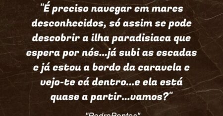 “É preciso navegar em mares desconhecidos, só assim se pode descobrir a ilha paradisiaca que espera por nós…já subi as escadas e já estou a bordo da caravela e vejo-te cá dentro…e ela está quase a partir…vamos?”
