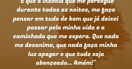 “E que a insônia que me persegue durante todas as noites, me faça pensar em tudo de bom que já deixei passar pela minha vida e a caminhada que me espera. Que nada me desanime, que nada faça minha luz apagar e que tudo seja abençoado… Amém!”