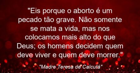 “Eis porque o aborto é um pecado tão grave. Não somente se mata a vida, mas nos colocamos mais alto do que Deus; os homens decidem quem deve viver e quem deve morrer.”