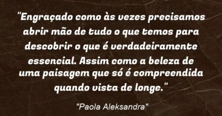 “Engraçado como às vezes precisamos abrir mão de tudo o que temos para descobrir o que é verdadeiramente essencial. Assim como a beleza de uma paisagem que só é compreendida quando vista de longe.”