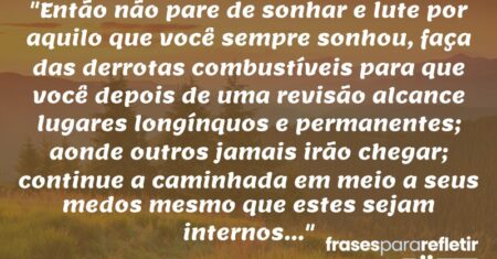 “Então não pare de sonhar e lute por aquilo que você sempre sonhou, faça das derrotas combustíveis para que você depois de uma revisão alcance lugares longínquos e permanentes; aonde outros jamais irão chegar; continue a caminhada em meio a seus medos mesmo que estes sejam internos…”