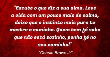 “Escute o que diz a sua alma. Leve a vida com um pouco mais de calma, deixe que o instinto mais puro te mostre o caminho. Quem tem fé sabe que não está sozinho, ponha fé no seu caminho!”