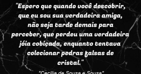 “Espero que quando você descobrir, que eu sou sua verdadeira amiga, não seja tarde demais para perceber, que perdeu uma verdadeira jóia cobiçada, enquanto tentava colecionar pedras falsas de cristal.”