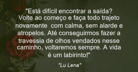 “Está difícil encontrar a saída? Volte ao começo e faça todo trajeto novamente com calma, sem alarde e atropelos. Até conseguirmos fazer a travessia de olhos vendados nesse caminho, voltaremos sempre. A vida é um labirinto!”