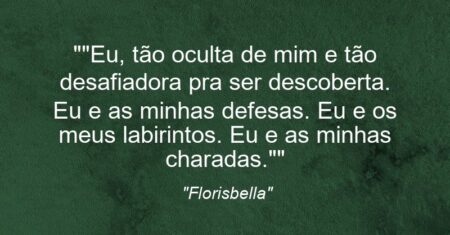 “”Eu, tão oculta de mim e tão desafiadora pra ser descoberta. Eu e as minhas defesas. Eu e os meus labirintos. Eu e as minhas charadas.””