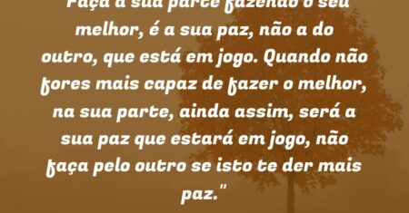 “Faça a sua parte fazendo o seu melhor, é a sua paz, não a do outro, que está em jogo. Quando não fores mais capaz de fazer o melhor, na sua parte, ainda assim, será a sua paz que estará em jogo, não faça pelo outro se isto te der mais paz.”