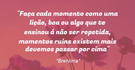 “Faça cada momento como uma lição, boa ou algo que te ensinou á não ser repetida, momentos ruins existem mais devemos passar por cima”