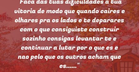“Faca das tuas dificuldades a tua vitoria de modo que quando caires e olhares pra os lados e te deparares com o que consiguiste construir sozinho consigas levantar te e continuar a lutar por o que es e nao pelo que os outros acham que es……”