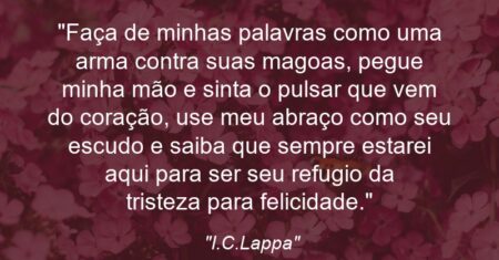 “Faça de minhas palavras como uma arma contra suas magoas, pegue minha mão e sinta o pulsar que vem do coração, use meu abraço como seu escudo e saiba que sempre estarei aqui para ser seu refugio da tristeza para felicidade.”