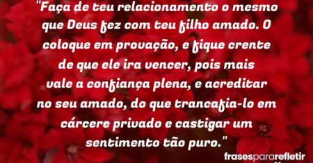 “Faça de teu relacionamento o mesmo que Deus fez com teu filho amado. O coloque em provação, e fique crente de que ele ira vencer, pois mais vale a confiança plena, e acreditar no seu amado, do que trancafia-lo em cárcere privado e castigar um sentimento tão puro.”