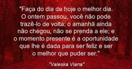 “Faça do dia de hoje o melhor dia. O ontem passou, você não pode trazê-lo de volta; o amanhã ainda não chegou, não se prenda a ele; e o momento presente é a oportunidade que lhe é dada para ser feliz e ser o melhor que puder ser.”
