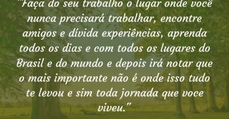 “Faça do seu trabalho o lugar onde você nunca precisará trabalhar, encontre amigos e dívida experiências, aprenda todos os dias e com todos os lugares do Brasil e do mundo e depois irá notar que o mais importante não é onde isso tudo te levou e sim toda jornada que voce viveu.”