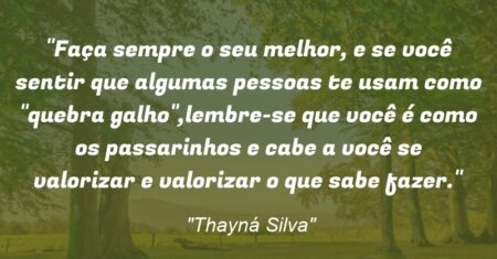 “Faça sempre o seu melhor, e se você sentir que algumas pessoas te usam como “quebra galho”,lembre-se que você é como os passarinhos e cabe a você se valorizar e valorizar o que sabe fazer.”