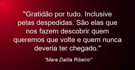 “Gratidão por tudo. Inclusive pelas despedidas. São elas que nos fazem descobrir quem queremos que volte e quem nunca deveria ter chegado.”